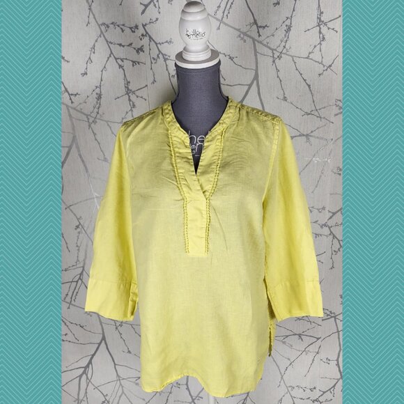 Olsen Yellow 100% Linen Tunic Top 3/4 Length Sleeves Sustainable - Picture 1 of 6